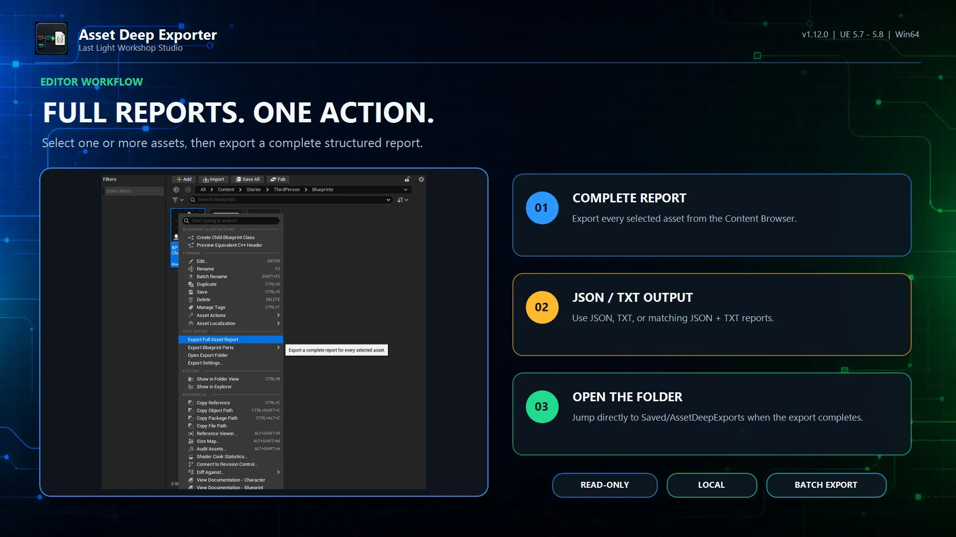 Asset Deep Exporter full report workflow showing the Unreal Engine Content Browser export command, JSON and TXT output, and direct access to the export folder.