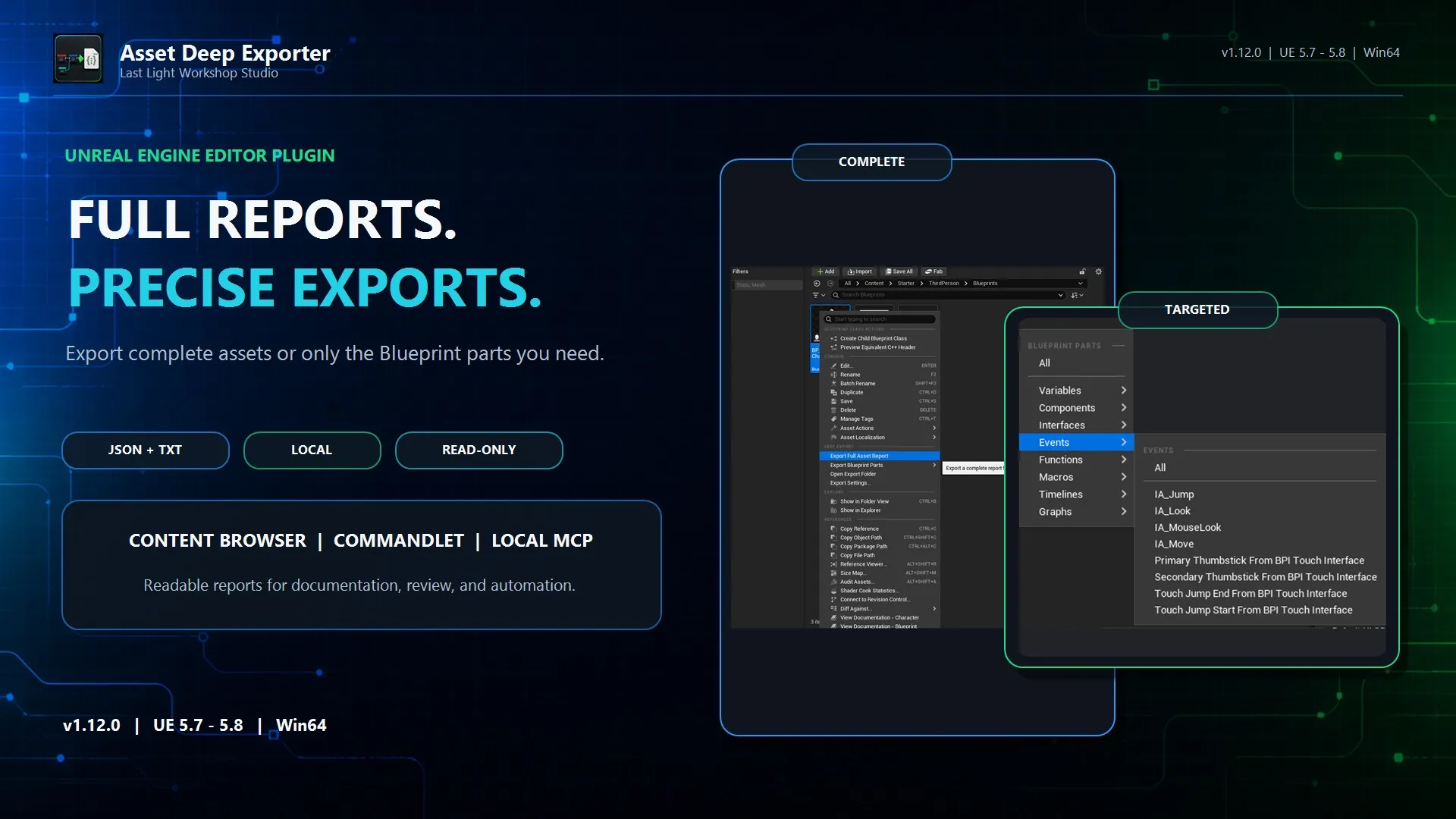 Asset Deep Exporter overview showing full asset reports, targeted Blueprint exports, JSON and TXT output, and local read-only workflows.