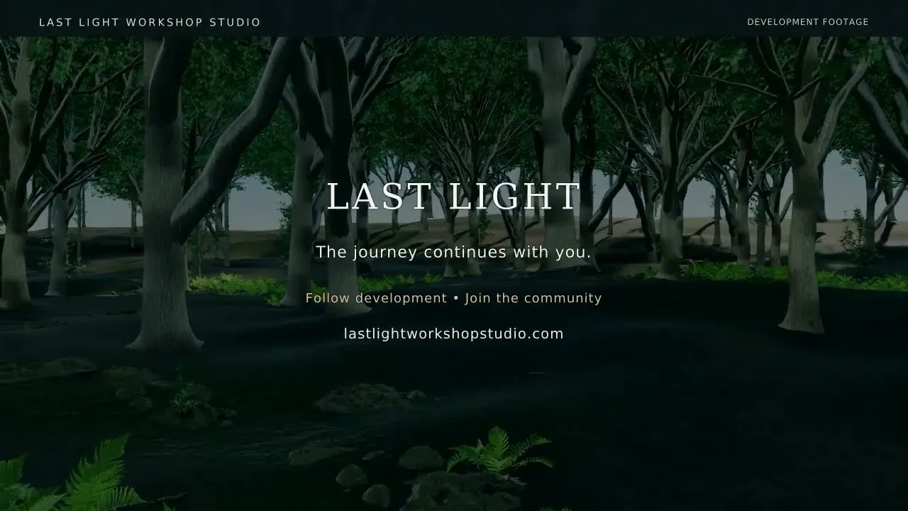 A dark forest in Last Light, with ferns in the foreground and an invitation to follow development and join the community.
