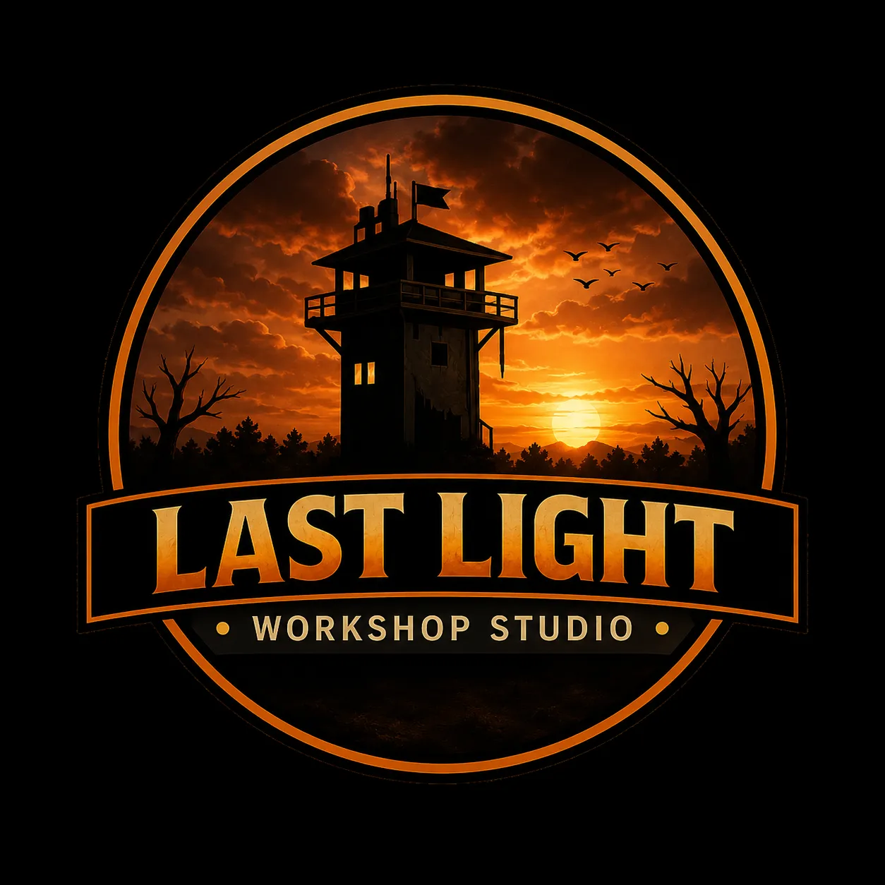 Last Light Workshop Studio emblem featuring a watchtower against an orange sunset.